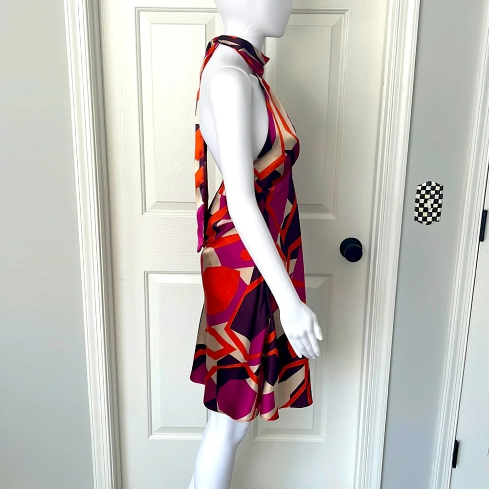 NWOT KLD Signature Abstract Print Silk Slip Satin Vintage Halter Mini Dress -M - Picture 5 of 9